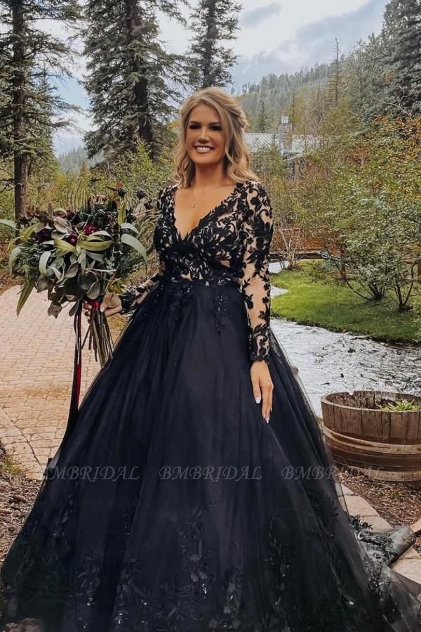 Bmbridal Black Wedding Dress Long Sleeves With Lace