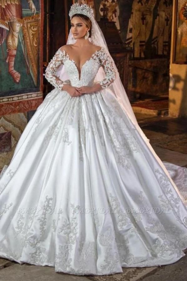 Bmbridal Langärmliges Ballkleid-Hochzeitskleid mit V-Ausschnitt und Spitzenapplikationen