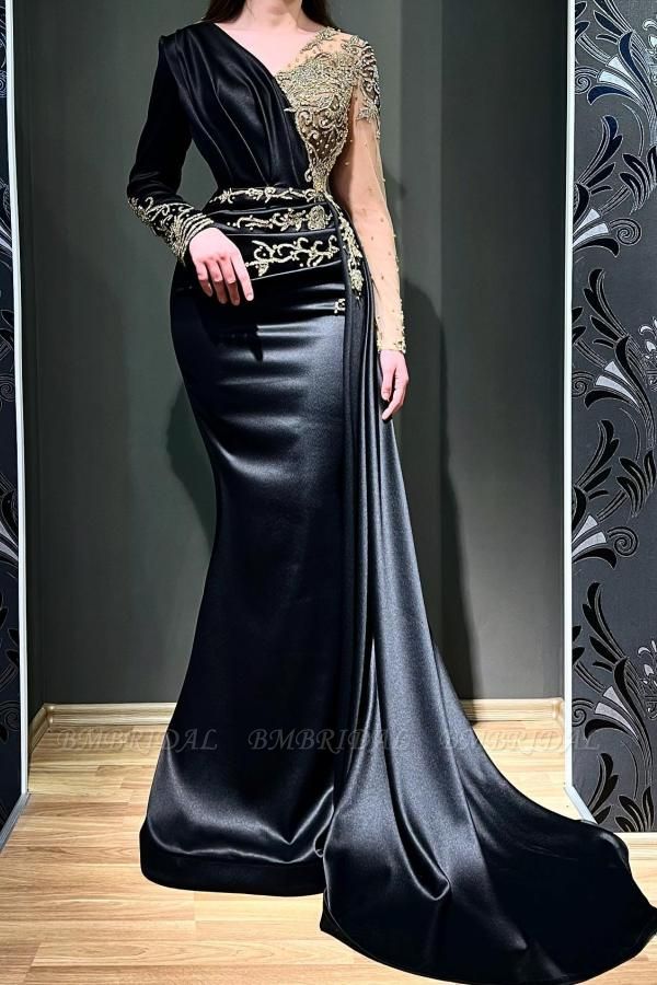 BMbridal Schwarzes Abendkleid mit langen Ärmeln, Meerjungfrau, lang mit Perlen