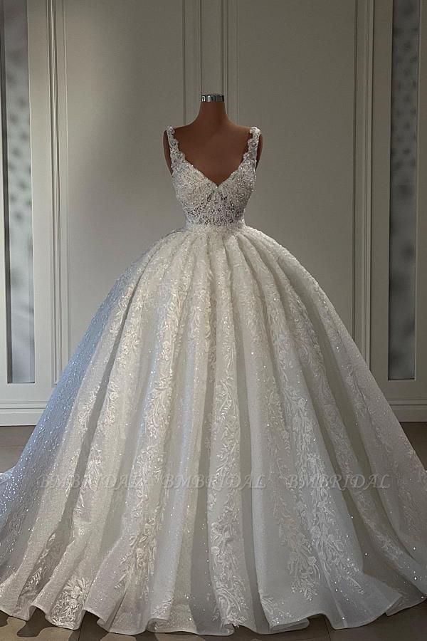 Bmbridal V-Neck Sleeveless Wedding Dress Ball Gown With Lace Appliques
