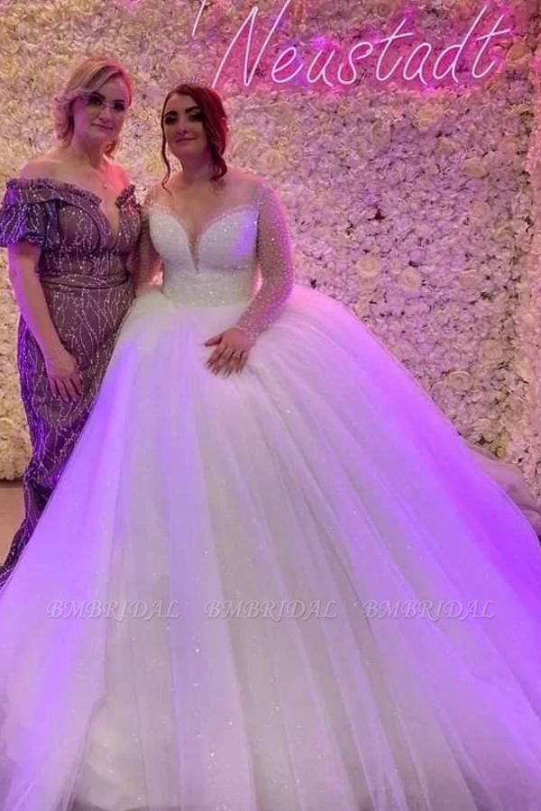 Bmbridal Long Sleeves Plus Size Wedding Dress Ball Gown With Beads