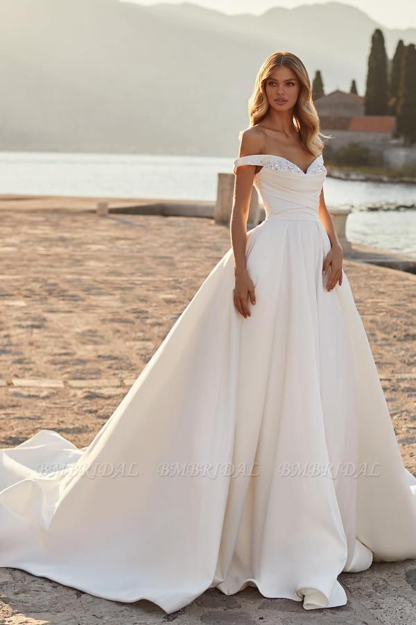 Bmbridal Off-the-Shoulder Satin Wedding Dress Princess Long