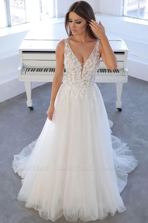 Bmbridal V-Neck Sleeveless Wedding Dress Tulle With Appliques