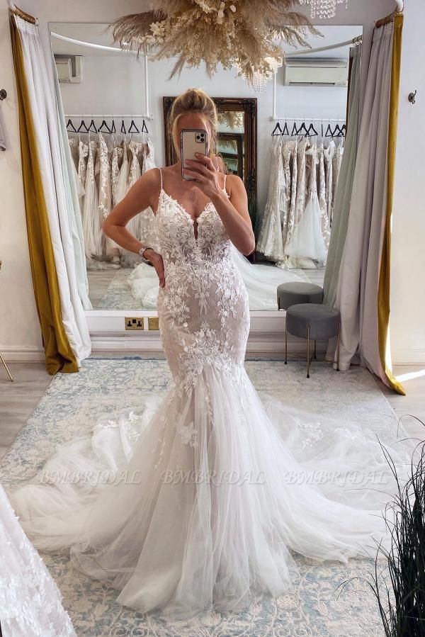 Bmbridal Spaghetti-Straps Lace Wedding Dress Mermaid Sleeveless Online