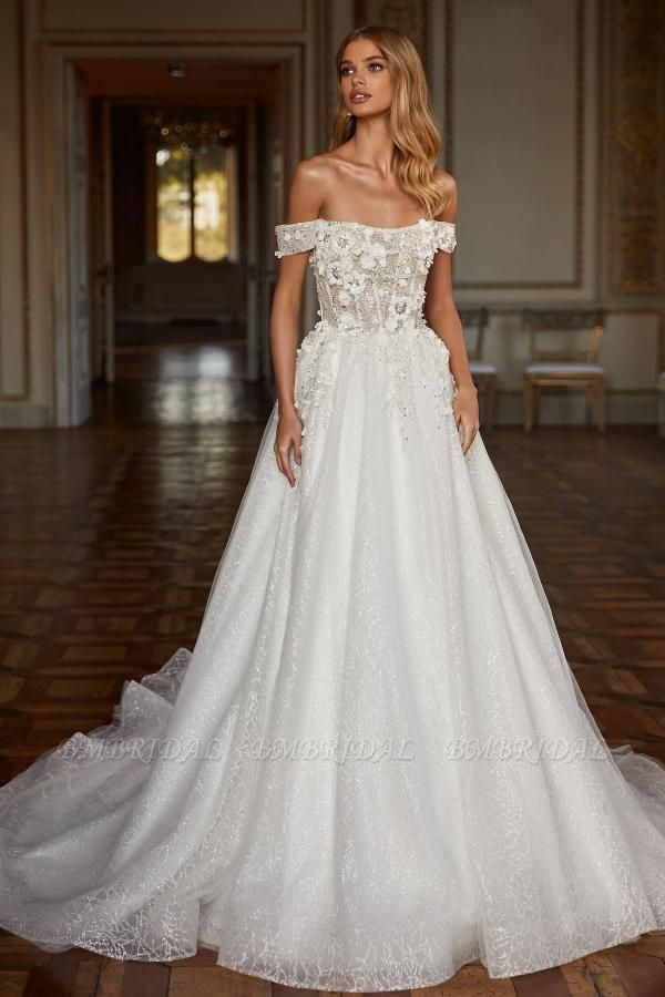 Bmbridal Off-the-Shoulder White Wedding Dress Lace-up Shiny With Appliques
