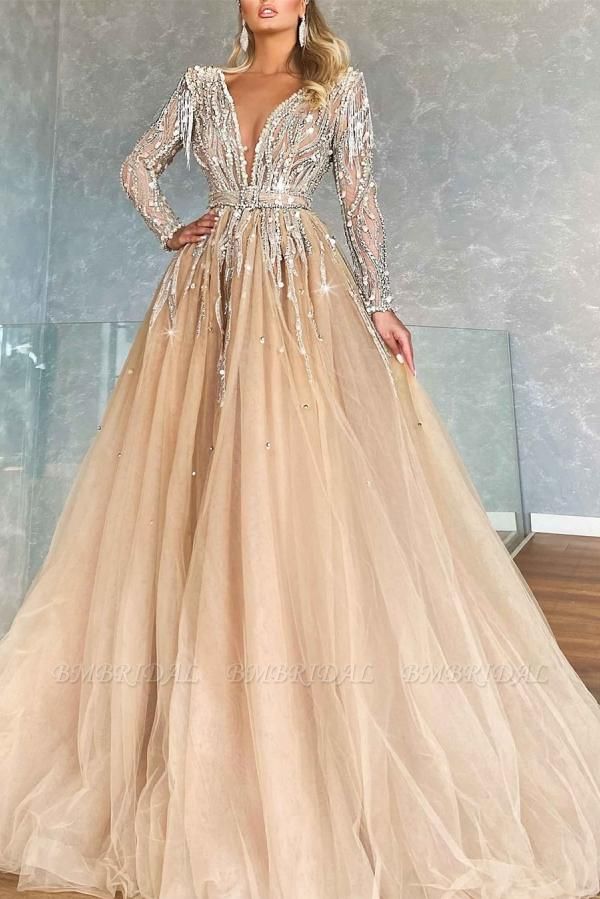 Bmbridal Champagne Long Sleeves Prom Dress Ball Gown Tulle With Beads