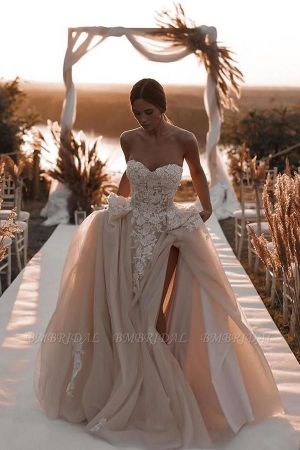 Bmbridal Champagne Sweetheart Tulle Wedding Dress Long With Lace Appliques