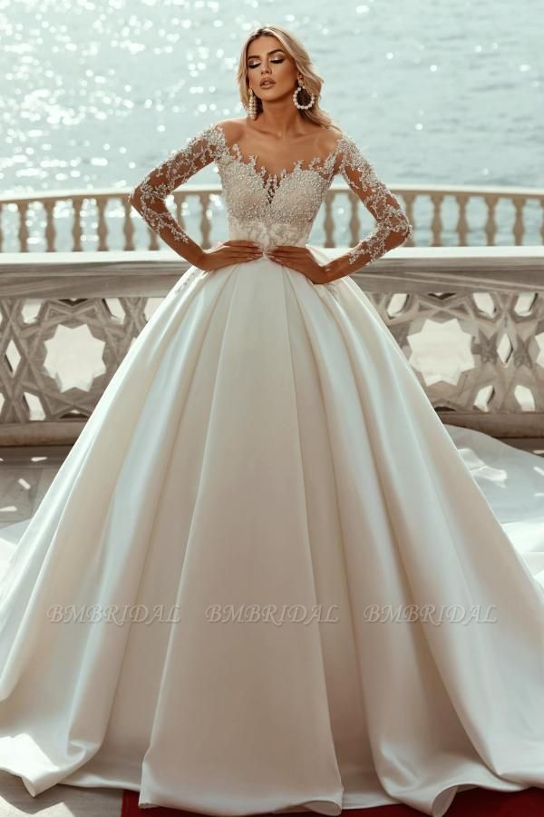 Bmbridal Long Sleeves Wedding Dress Ball Gown With Appliques