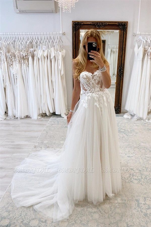 Bmbridal Sweetheart Tulle Wedding Dress Long With Lace Appliques