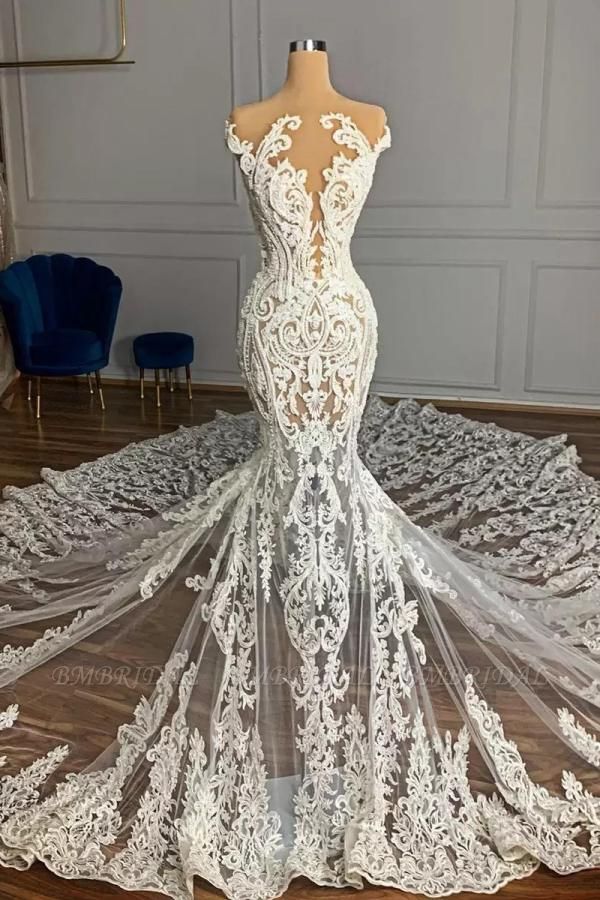 Bmbridal Cap Sleeves Lace Wedding Dress Mermaid Long On Sale
