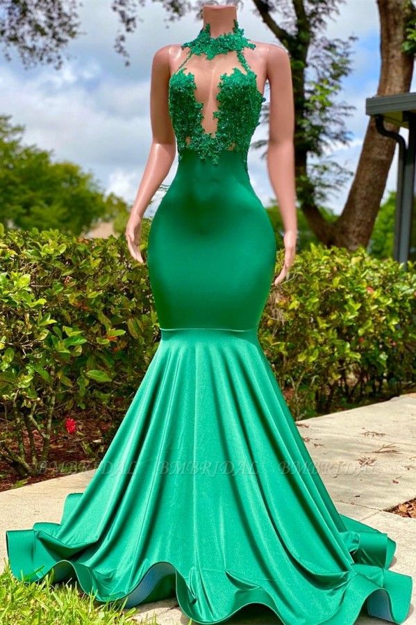 Bmbridal Emerald Green Prom Dress Mermaid High Neck Sleeveless
