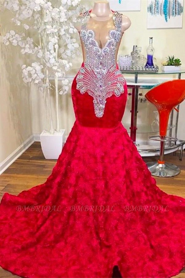 Bmbridal Red Prom Dress Mermaid Sleeveless With Beads