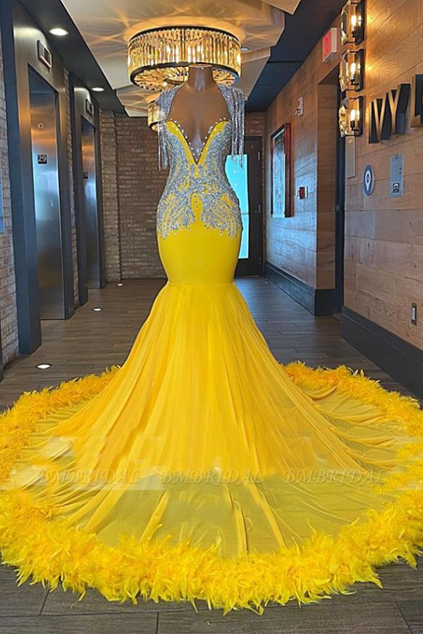 Bmbridal Yellow Prom Dress Mermaid Tassels With Feather