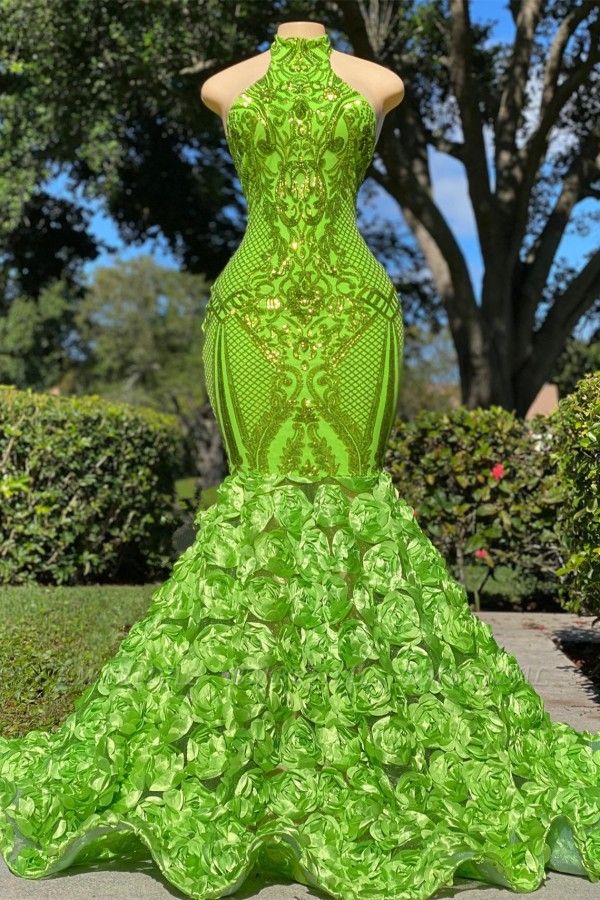 Bmbridal Green High Neck Prom Dress Sleeveless Sequins Mermaid Flowers Bottom