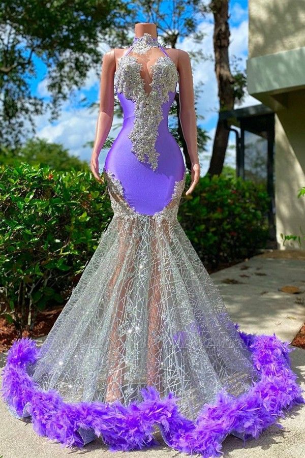 Bmbridal Lavender High Neck Prom Dress Mermaid Applikationen mit Feder