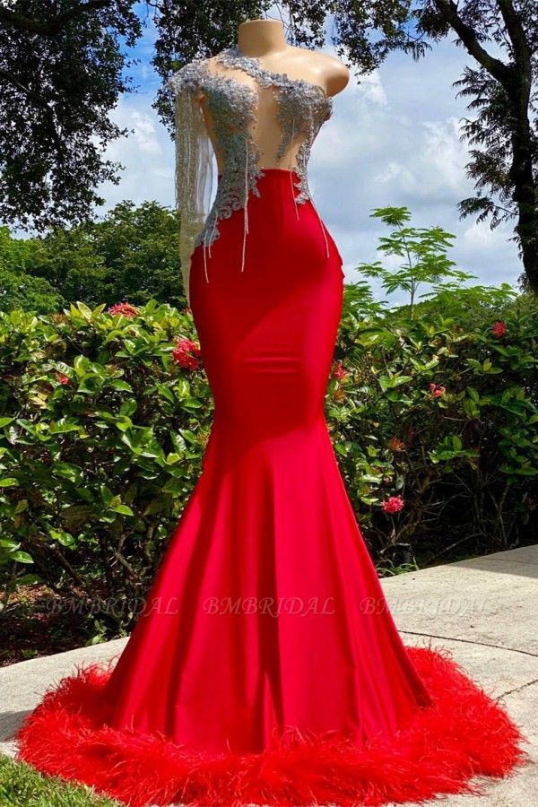 Bmbridal Red Mermaid Prom Dress One Shoulder Long Sleeve With Feather