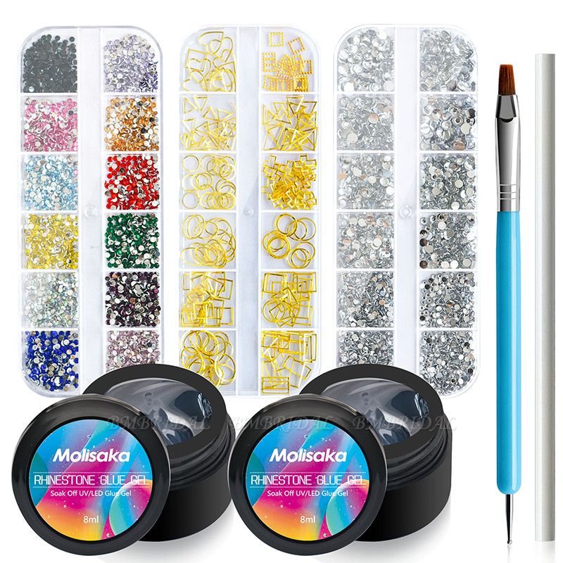 BELLEBOOST Nail Art Rhinestone Glue Gel&2 Boxes Flatback Gems Accessories Kit, 1 Tube of 15ml Gel GlueUVLED NeededColorful GemsFlat-back Round Glass Crystal