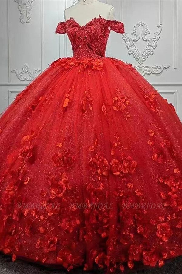 Bmbridal Off-the-Shoulder Ball Gown Wedding Dress Red With Appliques