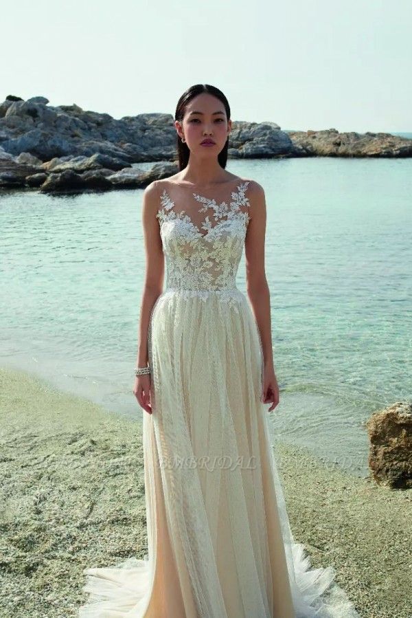 Bmbridal Champagne Beach Wedding Dress Tulle Long With Lace