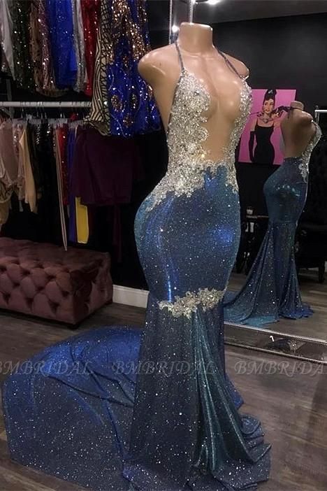 Bmbridal Spaghetti-Straps Mermaid Prom Dress Sleeveless Royal Blue