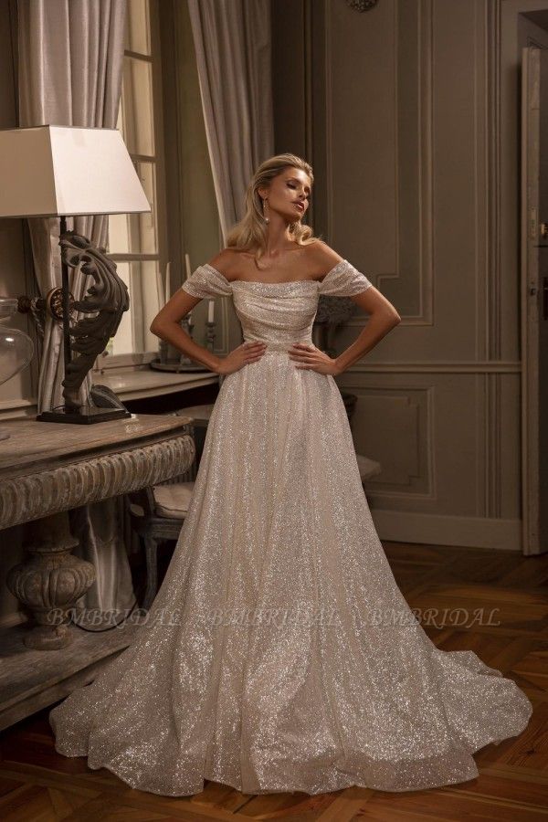 Bmbridal Off-the-Shoulder Sequins Wedding Dresses Long With Pleats