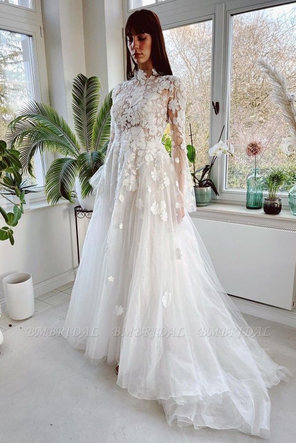 Bmbridal High Neck Long Sleeves Wedding Dress Princess With Appliques