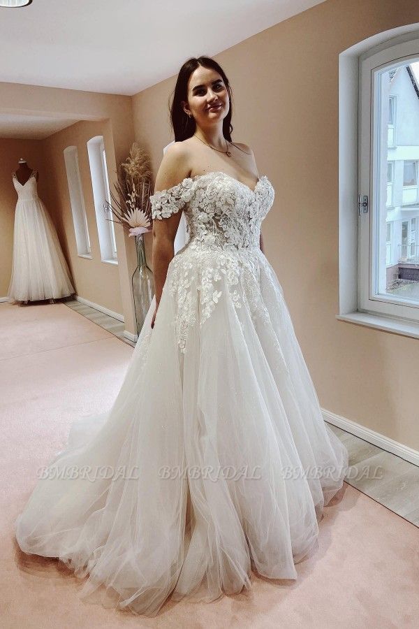 Bmbridal Off-the-Shoulder Wedding Dress Tulle Princess With Lace Appliques