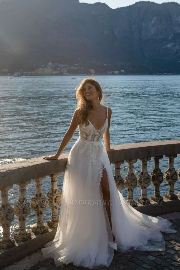 Bmbridal Spaghetti-Straps Beach Wedding Dress Tulle With Lace