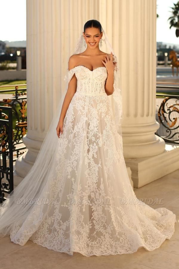Bmbridal Off-the-Shoulder Lace Wedding Dress Tulle With Appliques