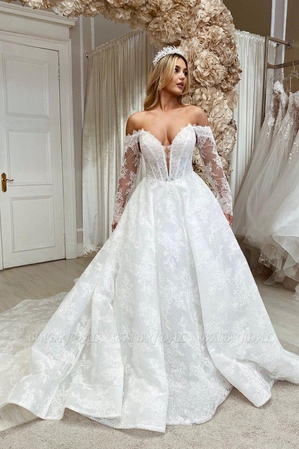 Bmbridal Long Sleeves Off-the-Shoulder Wedding Dress Lace Princess
