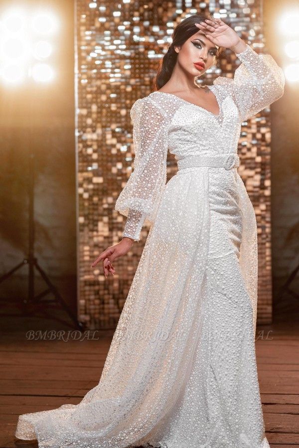 Bmbridal Short Sleeves Mermaid Slit Wedding Dress With Detachable Skirt