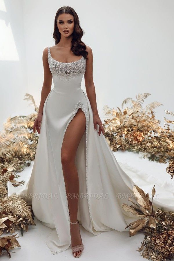 Bmbridal Spaghetti-Straps Mermaid Wedding Dress Sleeveless Split Long With Pearls