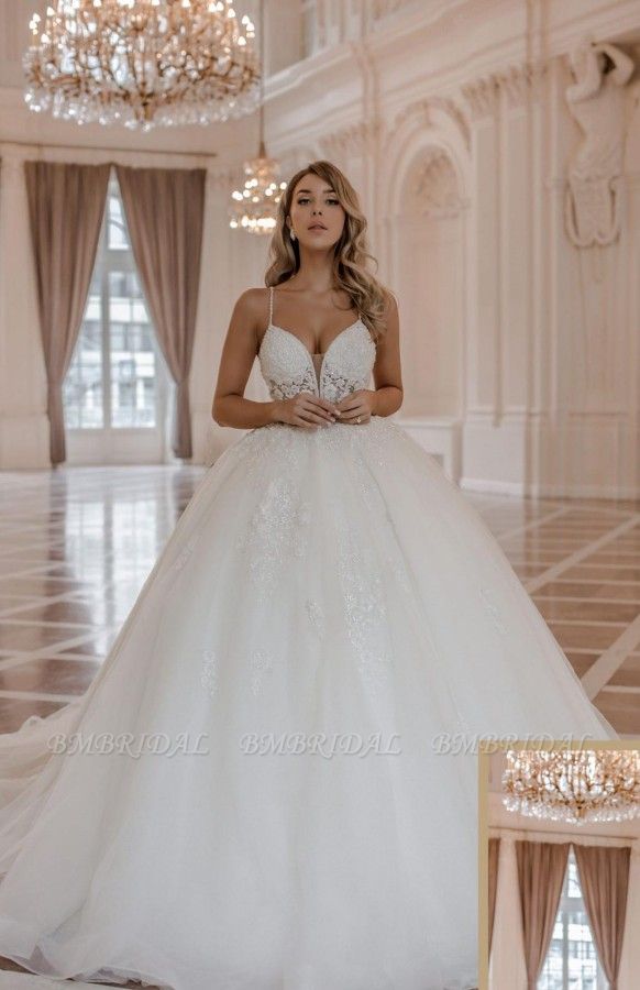 Bmbridal Spaghetti-Straps Sleeveless Wedding Dress Lace Princess V-Neck