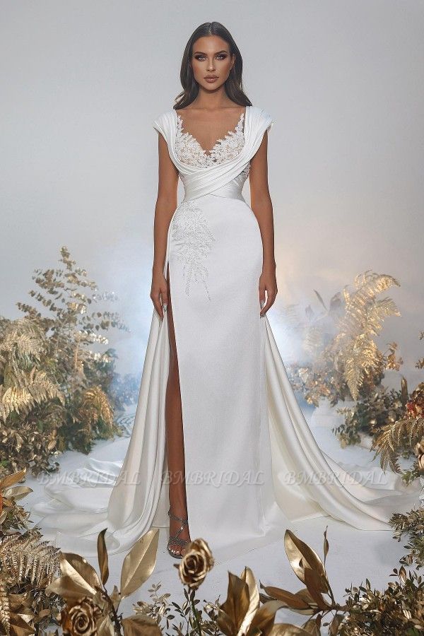 Bmbridal Cap Sleeves Mermaid Wedding Dress Long With Split