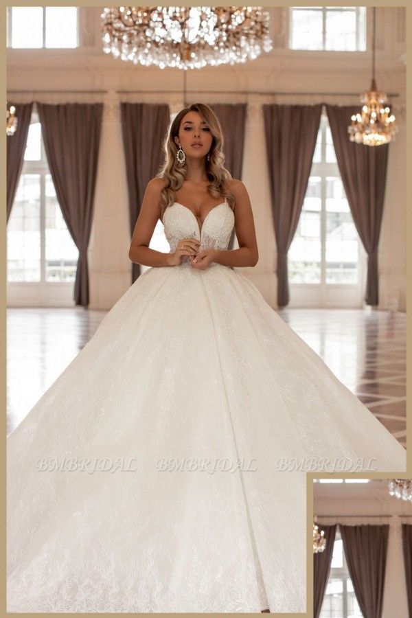 Bmbridal Sleeveless Ball Gown Wedding Dress Spaghetti-Straps Lace