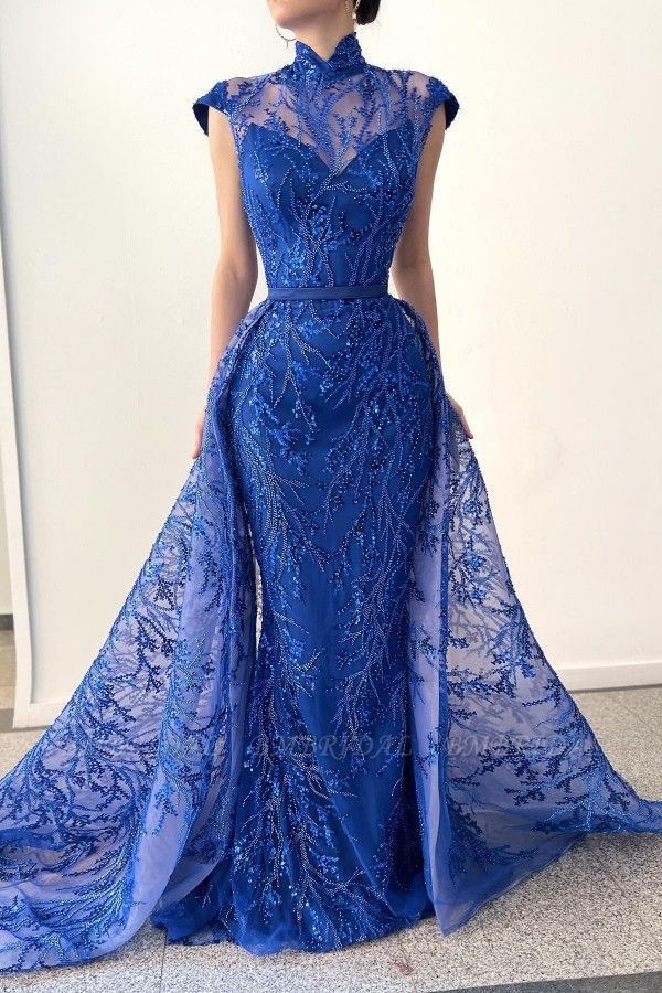 Bmbridal Königsblaues Meerjungfrau-Abendkleid aus Spitze mit Überrock