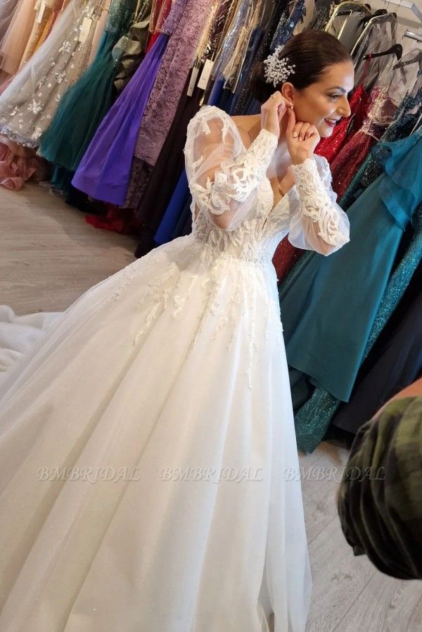 Bmbridal V-Neck Long Sleeves Princess Wedding Dress With Appliques