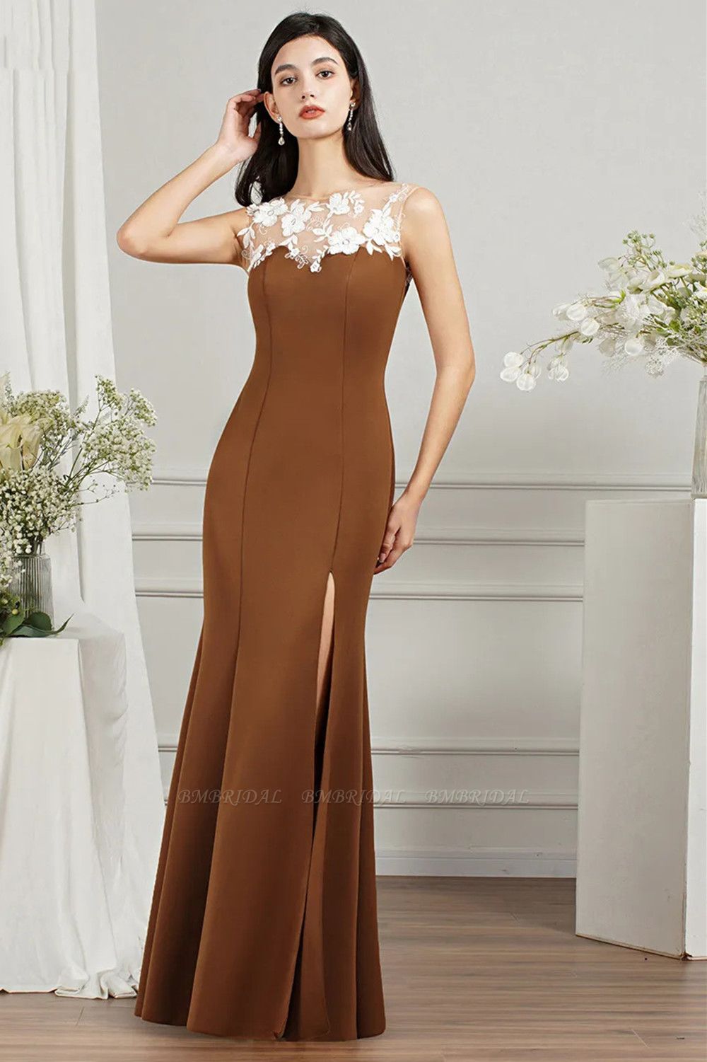 Bmbridal Brown Mermaid Prom Dress Slit Long With Appliques