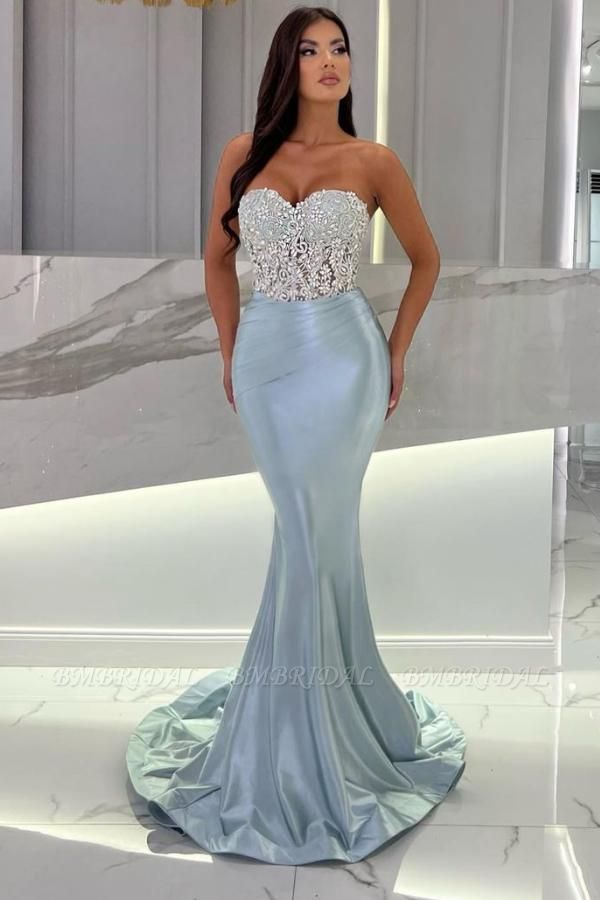 Bmbridal Baby Blue Sweetheart Prom Dress Mermaid Long With Crystals