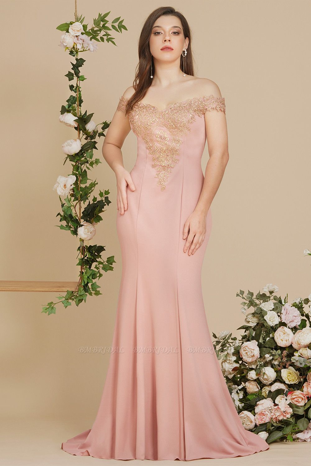 Bmbridal Pink Off-the-Shoulder Prom Dress Mermaid With Lace Appliques