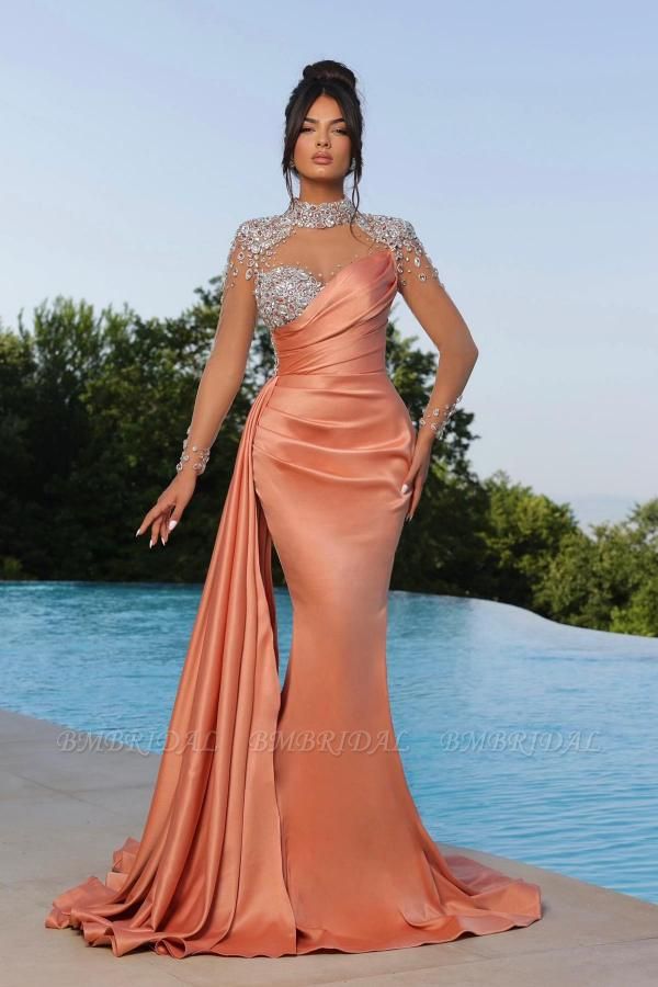 Bmbridal Coral High Neck Mermaid Prom Dress Long Sleeves With Crystal