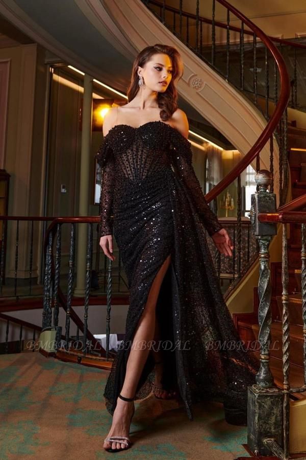 Bmbridal Black Long Sleeves Sequins Wedding Reception Dress Split