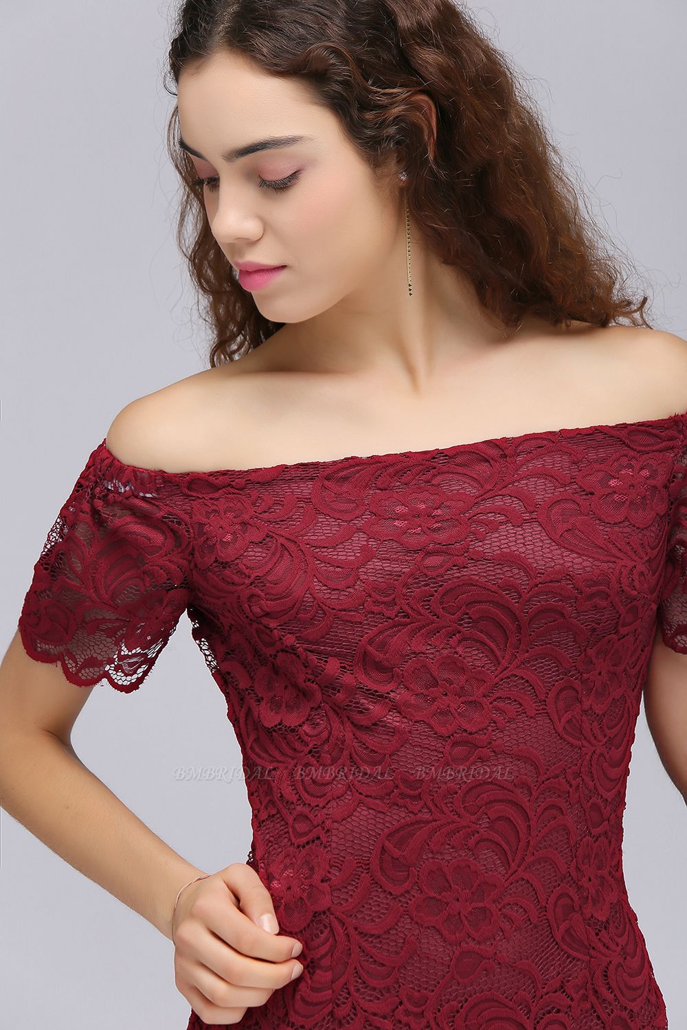 BMbridal Burgundy Lace Sheath Homecoming Dress Short Sleeves Cocktail ...