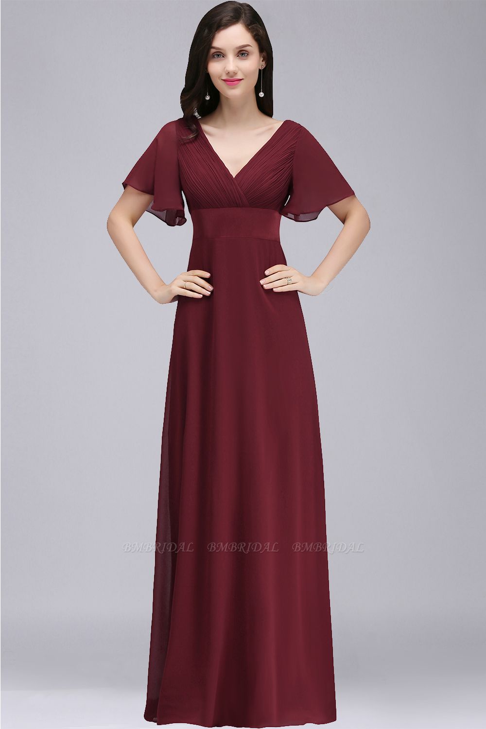 BMbridal Affordable Chiffon Burgundy Long Bridesmaid Dresses with Soft Pleats In Stock