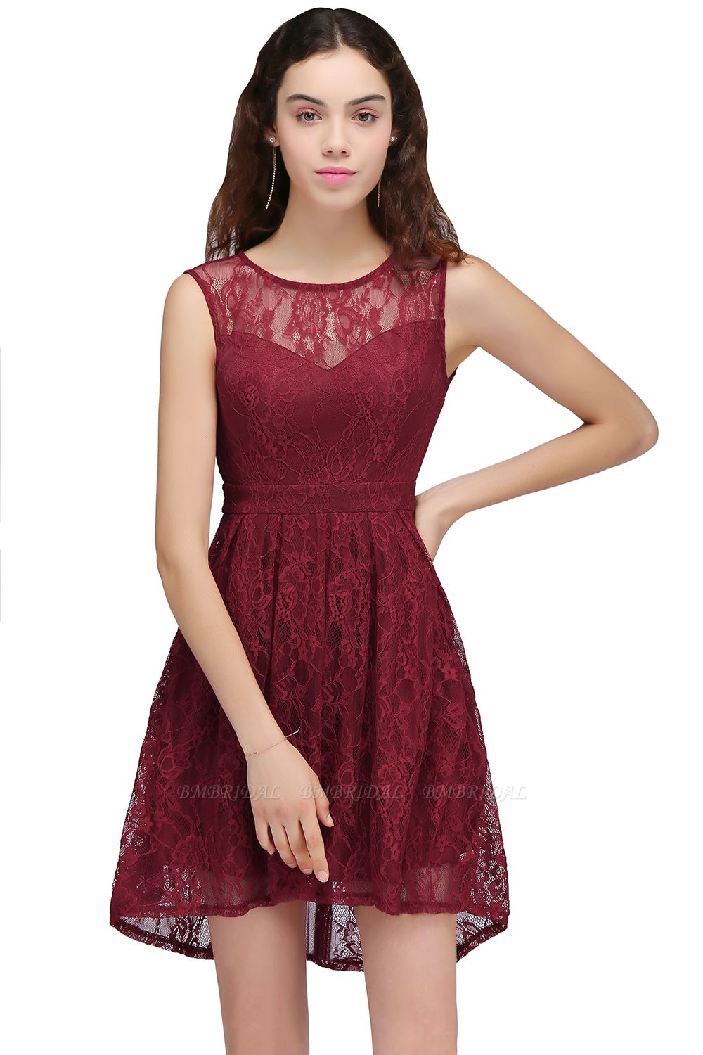 BMbridal A-Line Round Neck Short Lace Burgundy Homecoming Dress