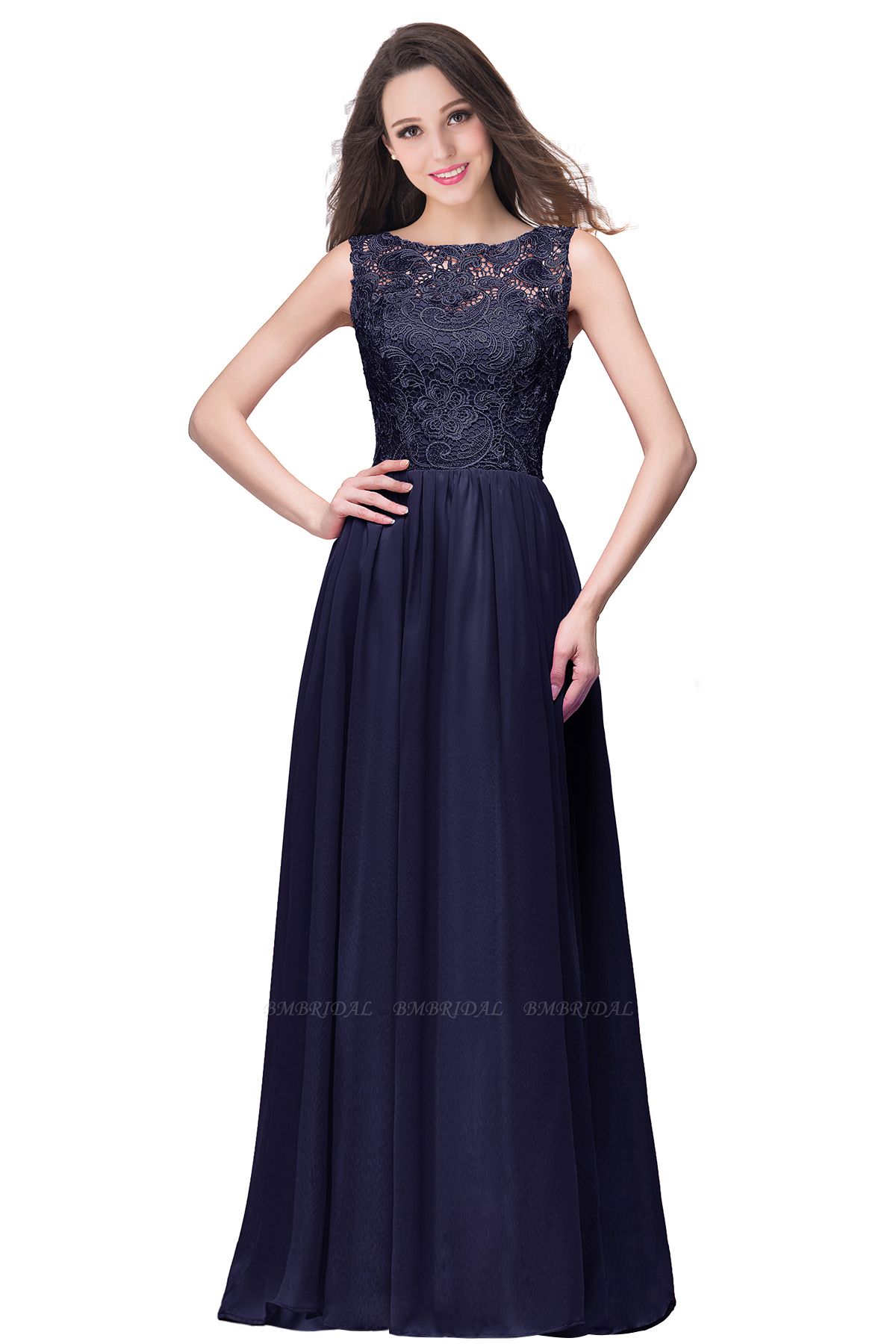 BMbridal Affordable A-line Chiffon Crew Lace Navy Long Bridesmaid Dresses In Stock