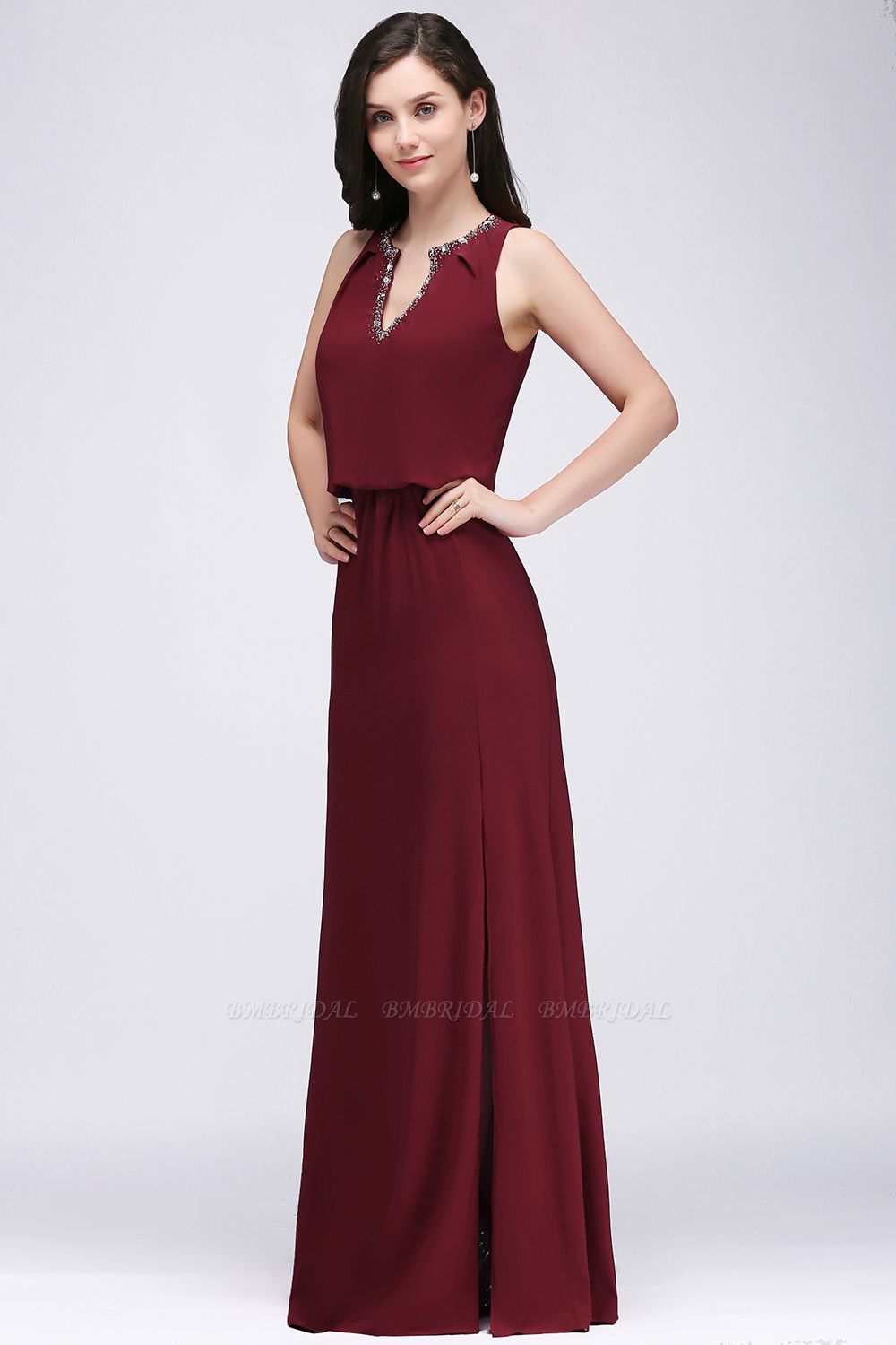 BMbridal Front-split Crystal Floor-length V-neck Sleeveless Burgundy A-line Evening Dress