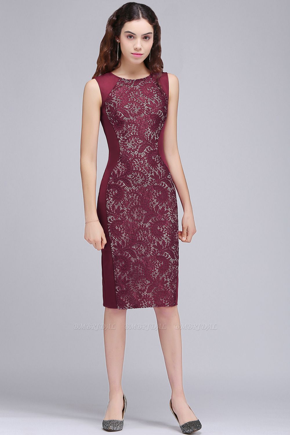 BMbridal Burgungdy Cap Sleeve Lace Mermaid Homecoming Cocktail Party Dress