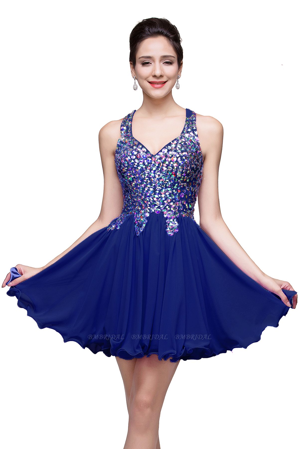 BMbridal Chic Crisscross-Träger Crystal Beads Ruffle Chiffon Sweetheart Short Prom Dress