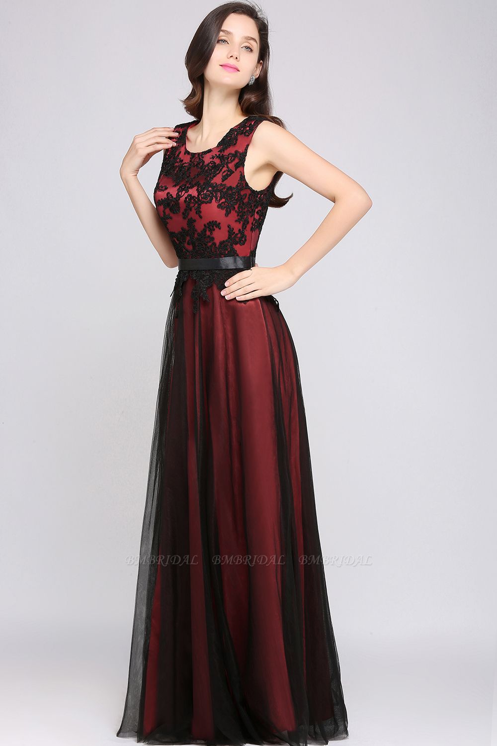 BMbridal Pretty Sleeveless Black Lace Tulle Floor Length Formal Evening Dress with Sash